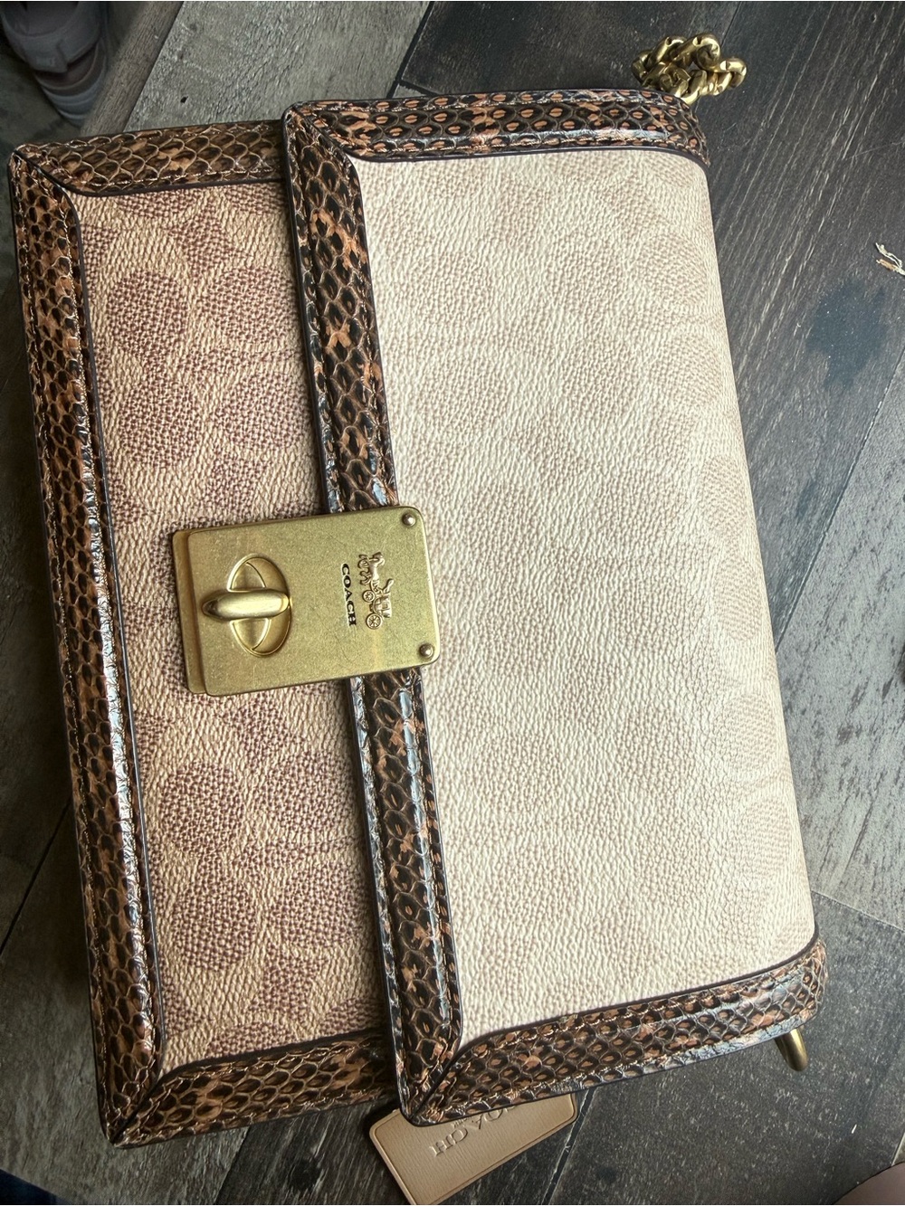 Coach Beige Canvas Crossbody with Brown Snake-Embossed Trim